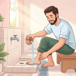 Seorang muslim sedang membersihkan kaki dengan air secukupnya saat berwudhu, menggambarkan efisiensi penggunaan air sebagaimana diajarkan Rasulullah SAW/Ilustrasi: Indoragamnewscom
