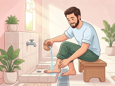 Seorang muslim sedang membersihkan kaki dengan air secukupnya saat berwudhu, menggambarkan efisiensi penggunaan air sebagaimana diajarkan Rasulullah SAW/Ilustrasi: Indoragamnewscom