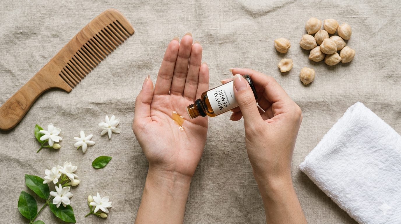Minyak kemiri kaya vitamin E, omega-3, 6, 9, dan zinc. Atasi rambut rontok, ketombe, kulit kering, hingga flek hitam. Warisan Nusantara untuk rambut lebat dan glowing alami/Ilustrasi: Indoragamnewscom