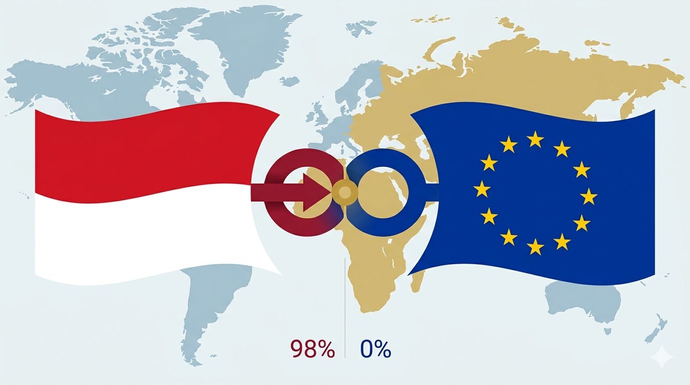 Pemerintah targetkan ratifikasi IEU-CEPA rampuh paruh kedua 2026. Perjanjian hapus 98 persen tarif dan buka akses nol persen untuk ekspor Indonesia ke Eropa/Ilustrasi: Indoragamnewscom