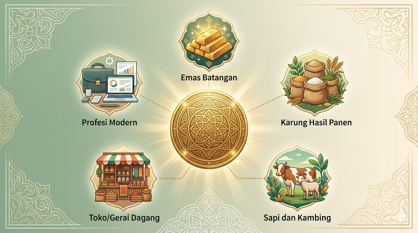 Zenis harta wajib dizakati: emas (nisab 85 gram), perdagangan (2,5%), pertanian (5-10%), peternakan, hingga zakat profesi modern. Pahami agar ibadah sempurna dan harta berkah/Ilustrasi: Indoragamnewscom