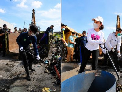 Wali Kota Batam, Amsakar Achmad, bersama Wakil Wali Kota Batam, Li Claudia Chandra, ikut membersihkan sampah dalam peringatan Hari Lingkungan Hidup Sedunia Tingkat Kota Batam Tahun 2026/Foto: Humas Pemko Batam