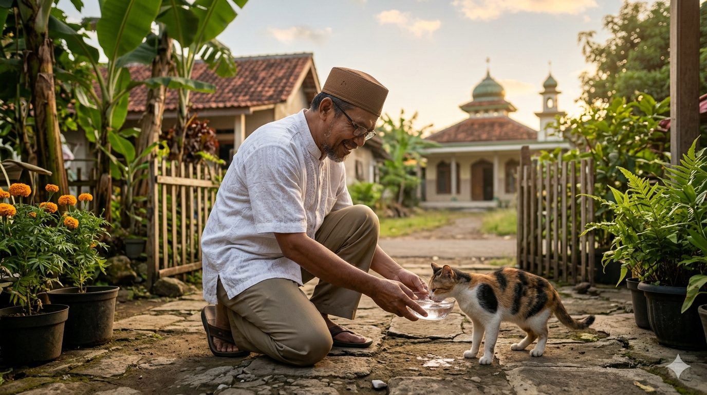 Seorang muslim memberi minum seekor kucing di halaman rumah dengan penuh kasih sayang/Ilustrasi: Indoragamnewscom