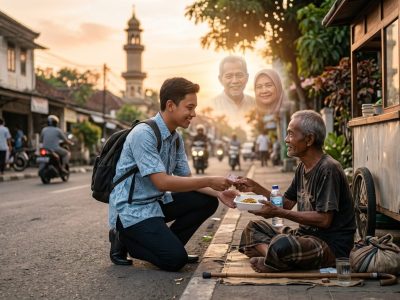Gemini, Buatlah Ilustrasi suasana seorang anak muda berpakaian sopan dan bersih sedang memberikan sedekah berupa uang dan makanan kepada seorang fakir miskin yang duduk di pinggir jalan. Di latar belakang terlihat bayangan samar sosok orang tua yang tersenyum, menggambarkan niat sedekah atas nama mereka. Suasana hangat, penuh keikhlasan, dengan cahaya lembut dari langit senja. Gaya fotorealistik dengan warna-warna natural dan emosional. -Ukuran foto utama (featured image) website berita yang ideal adalah 1280 x 720 piksel (rasio 16:9), dengan format JPEG berukuran di bawah 200 KB untuk menjaga kecepatan loading. -Pastikan gambar berkualitas tinggi namun terkompresi dengan baik, serta fokus utama berada di tengah agar tidak terpotong saat penyesuaian layar (responsive). Sedekah atas nama orang tua diperbolehkan dalam Islam, baik untuk yang masih hidup maupun telah meninggal/Ilustrasi: Indoragamnewscom