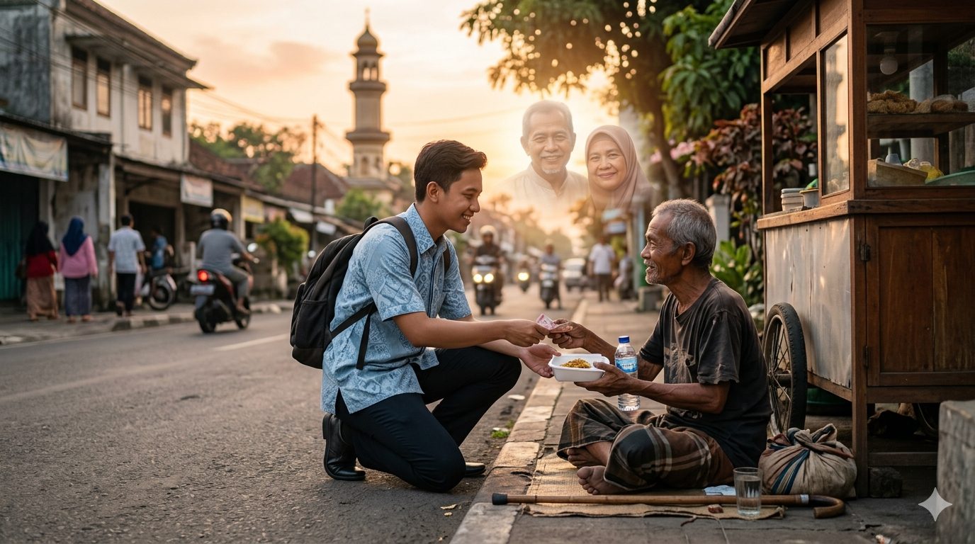 Gemini, Buatlah Ilustrasi suasana seorang anak muda berpakaian sopan dan bersih sedang memberikan sedekah berupa uang dan makanan kepada seorang fakir miskin yang duduk di pinggir jalan. Di latar belakang terlihat bayangan samar sosok orang tua yang tersenyum, menggambarkan niat sedekah atas nama mereka. Suasana hangat, penuh keikhlasan, dengan cahaya lembut dari langit senja. Gaya fotorealistik dengan warna-warna natural dan emosional. -Ukuran foto utama (featured image) website berita yang ideal adalah 1280 x 720 piksel (rasio 16:9), dengan format JPEG berukuran di bawah 200 KB untuk menjaga kecepatan loading. -Pastikan gambar berkualitas tinggi namun terkompresi dengan baik, serta fokus utama berada di tengah agar tidak terpotong saat penyesuaian layar (responsive). Sedekah atas nama orang tua diperbolehkan dalam Islam, baik untuk yang masih hidup maupun telah meninggal/Ilustrasi: Indoragamnewscom