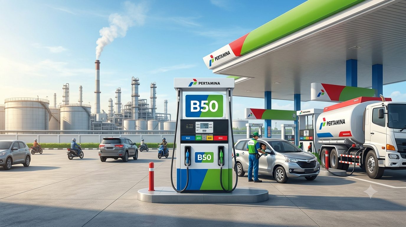 Pemerintah luncurkan B50, 57 Ppersen SPBU telah mendistribusikan. Masa transisi hingga 30 September 2026 bagi stok B40/Ilustrasi: Indoragamnewscom/Gemini