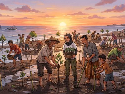 Gotong royong rehabilitasi 800 ribu hektare mangrove rusak. Penanaman di Brebes jadi bagian pemulihan ekosistem pesisir/Ilustrasi: Indoragamnewscom/Gemini