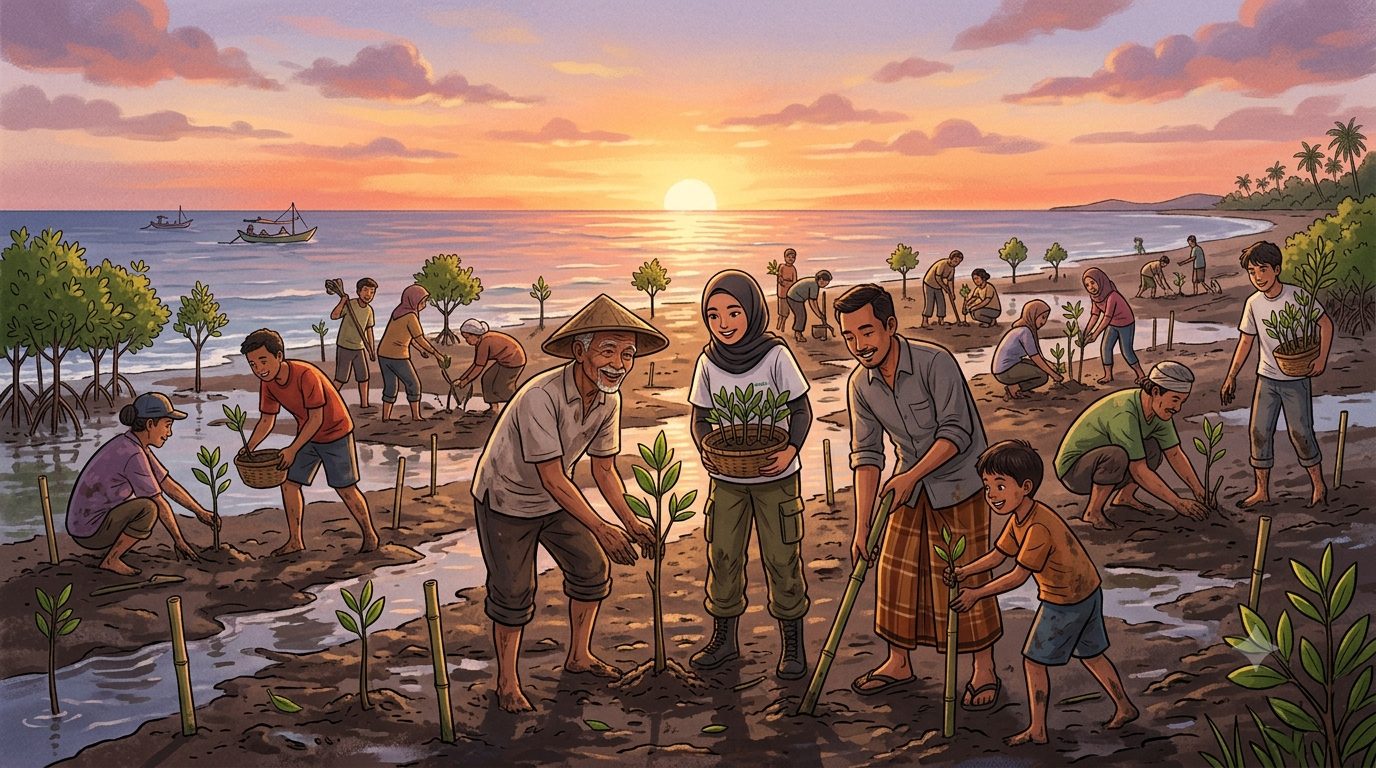 Gotong royong rehabilitasi 800 ribu hektare mangrove rusak. Penanaman di Brebes jadi bagian pemulihan ekosistem pesisir/Ilustrasi: Indoragamnewscom/Gemini