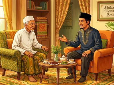 Seorang lelaki muda sedang berdiskusi dengan seorang kiyai terkait kehidupan/Ilustrasi: Indoragamnewscom/Gemini