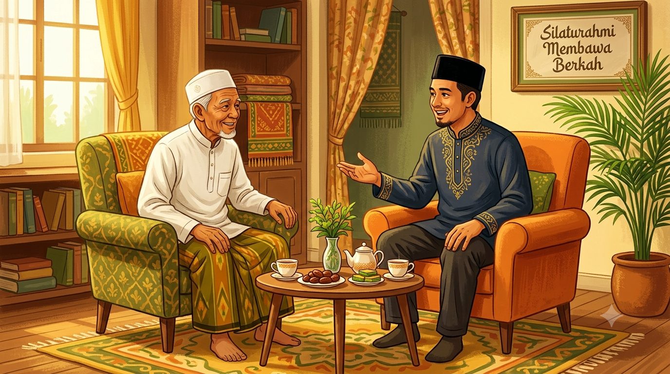 Seorang lelaki muda sedang berdiskusi dengan seorang kiyai terkait kehidupan/Ilustrasi: Indoragamnewscom/Gemini