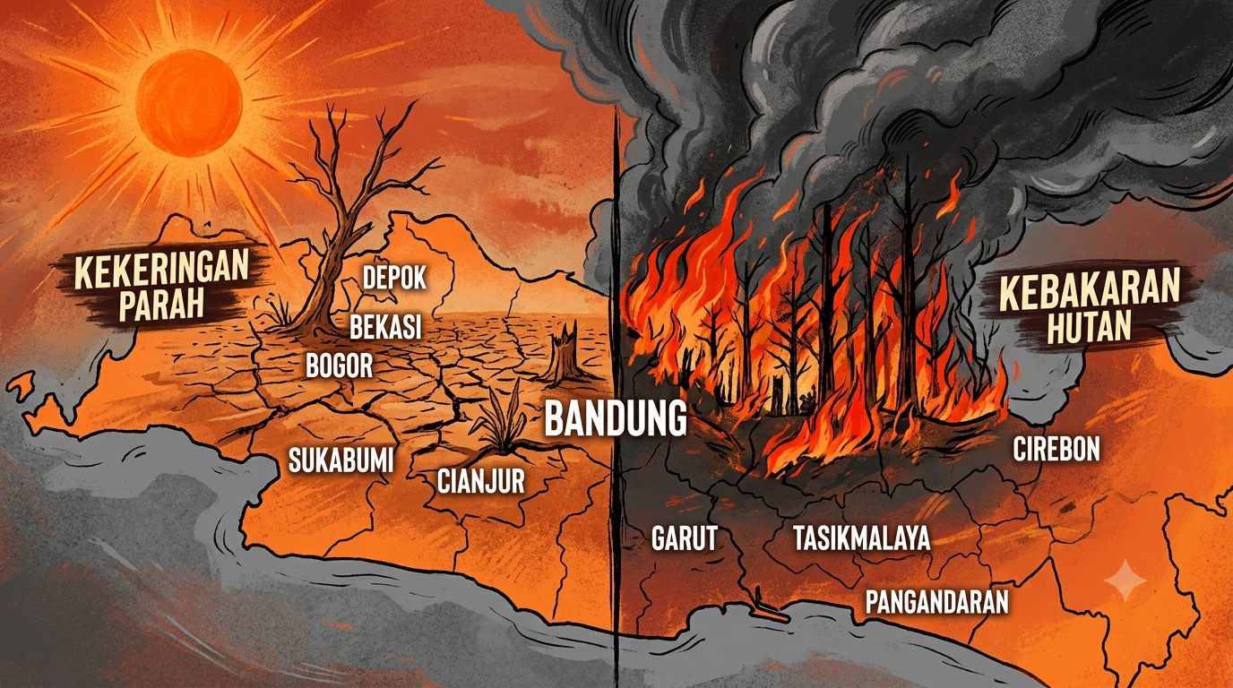 Pemprov Jabar tetapkan status siaga darurat kekeringan dan karhutla 1 Juli-30 September 2026. Antisipasi musim kemarau lebih kering dan panjang di 27 kabupaten dan kota/Ilustrasi: Indoragamnewscom/Gemini